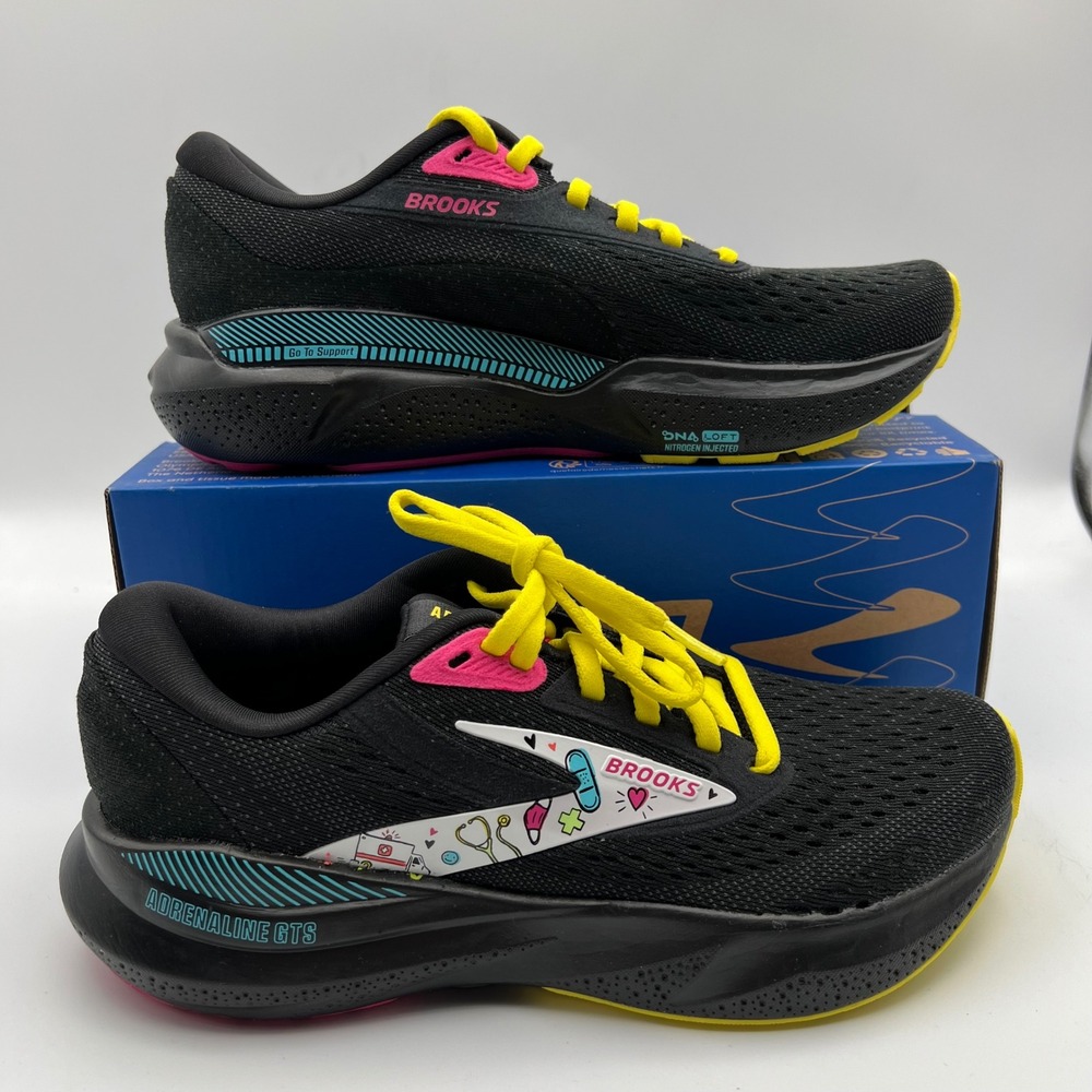 Brooks Adrenaline GTS 23 Running Shoes Womens 6 B Black Yellow Medical Nurse‎